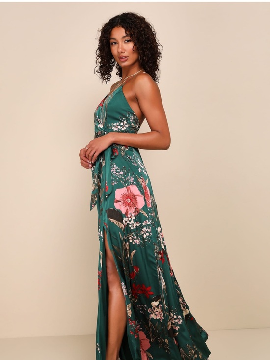 Lulus Dresses & Skirts - Still the One Emerald Green Floral Print Satin Maxi Dress